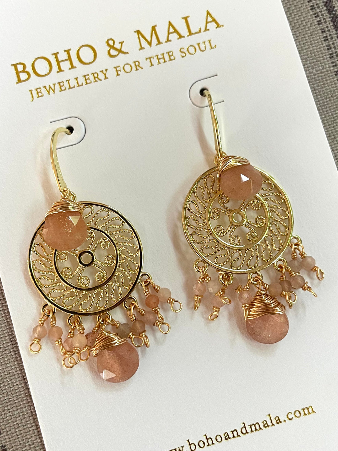 Boho & Mala Apricot Natural Stone Dreamcatcher Gold Plated Drop Earrings